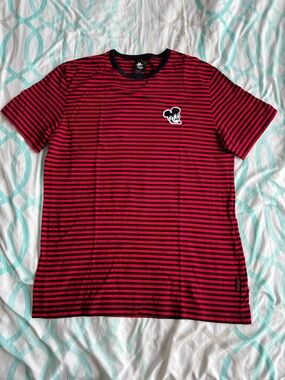 Disney Red and Black Striped Mickey Mouse Short Sleeve Tee
